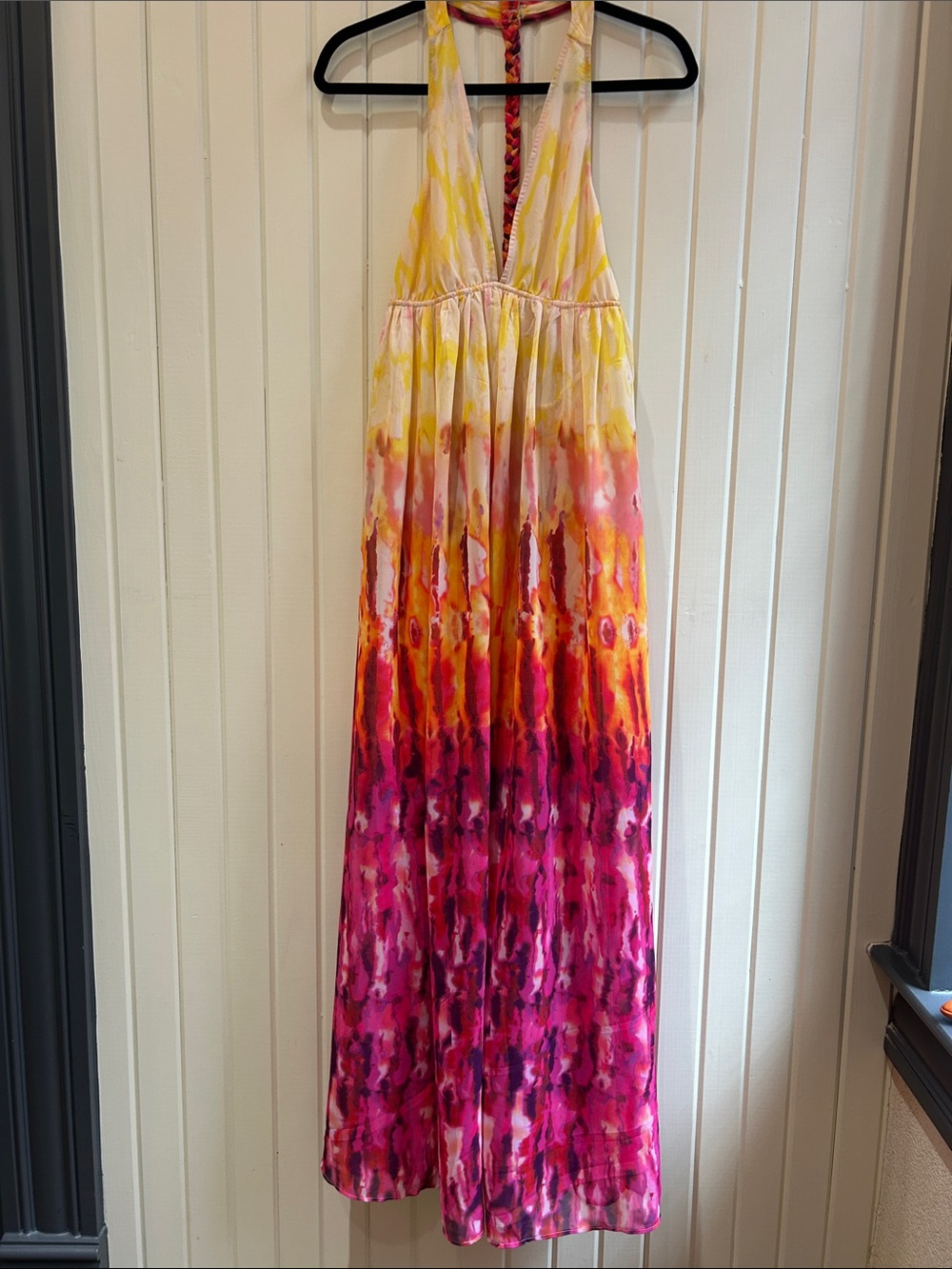 Anthropologie Yellow Pink Tie-Dye Halter Dress